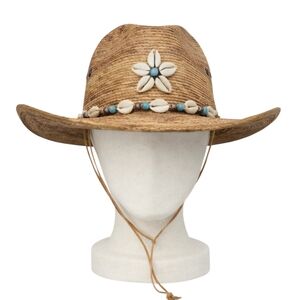 Sahuayo Palm Straw Cowboy Hat Shell Bead Band Size 7 1/8